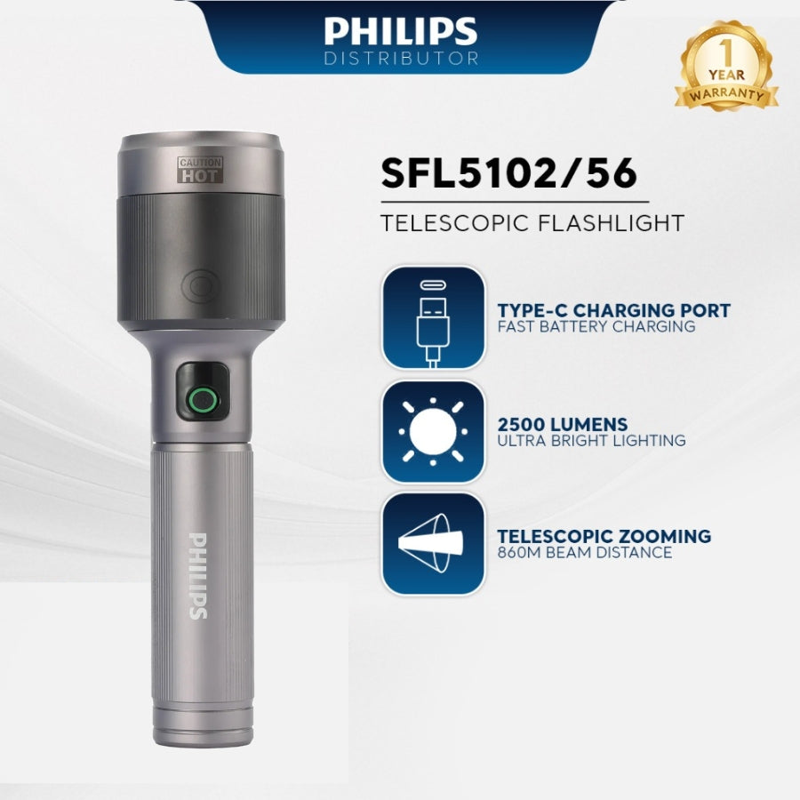 PHILIPS Zoomable XL Flashlights SFL5102-56 Original - Aircraft Aluminium Alloy 33.2cms Zoom LED